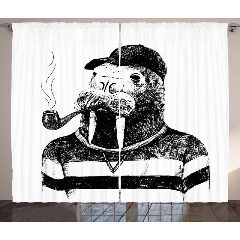 Walrus with Pipe Sketch Curtain