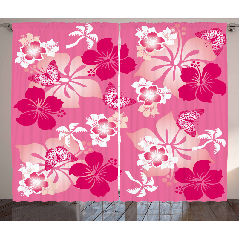 Pink Hibiscus Butterflies Curtain