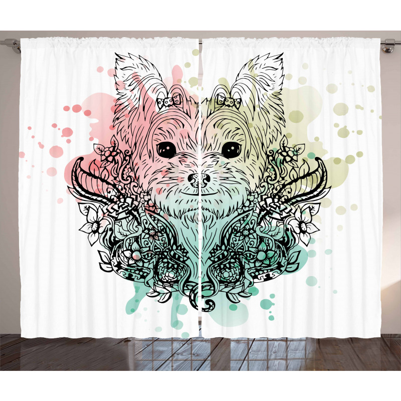 Dog Sketch Flowers Curtain