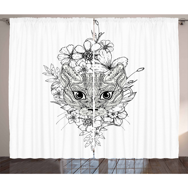 Hand Drawn Cat Image Curtain