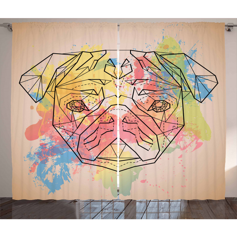 Hayvan Perde Geometrik Pug Köpek Portresi Pembe Mavi Fon