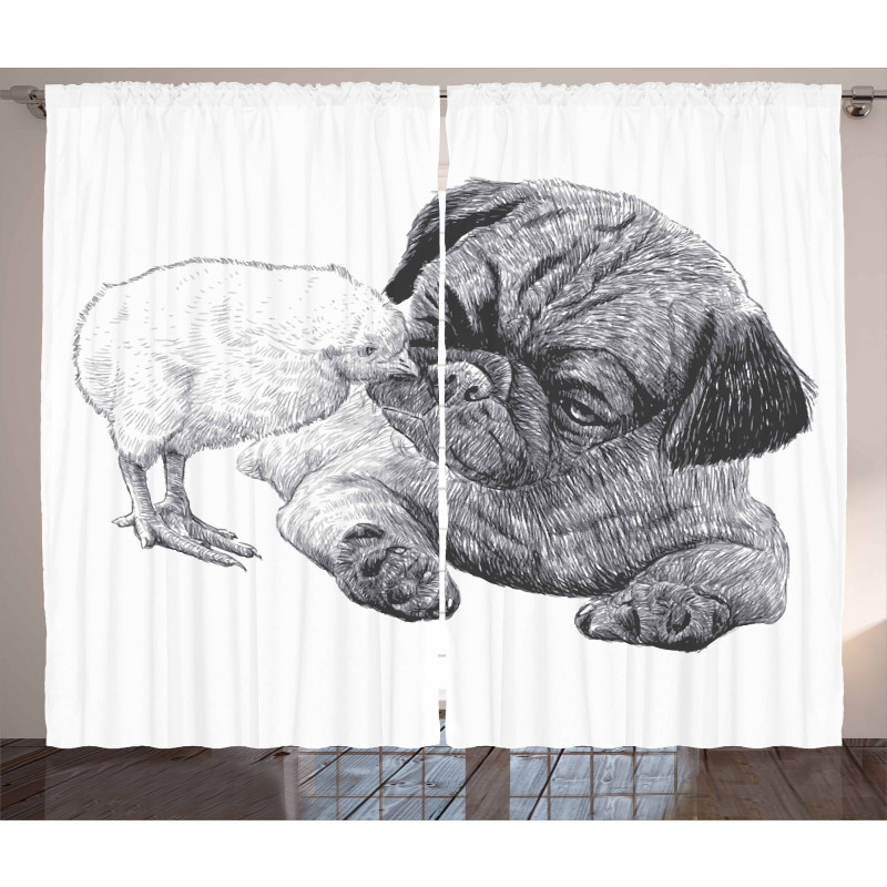 Pug Little Chick Hand Drawn Curtain