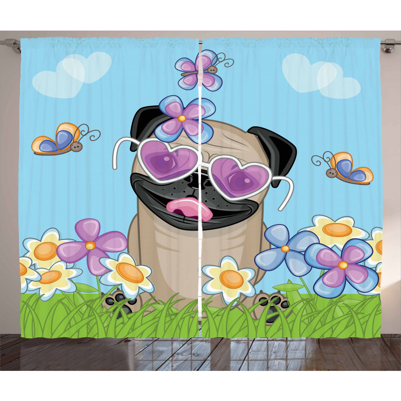 Puppy on the Field Flowers Curtain