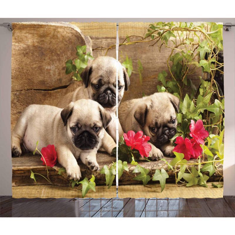 Sibling Puppies Flowers Curtain
