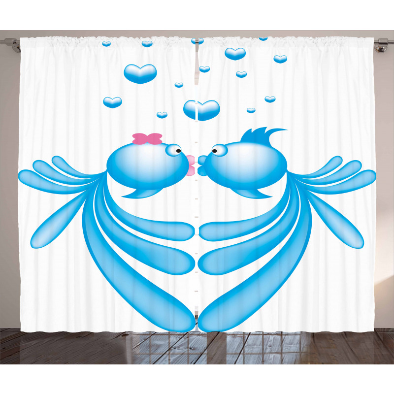 Blue Cartoon Fishes Heart Curtain