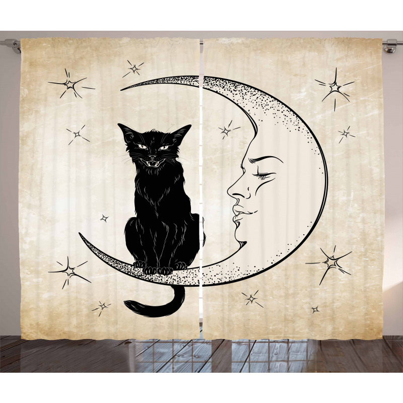 Black Cat Siting on Moon Curtain