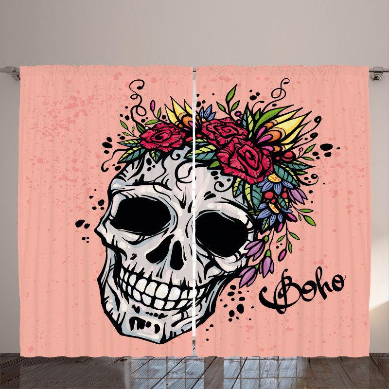 Skull Boho Floral Wreath Curtain