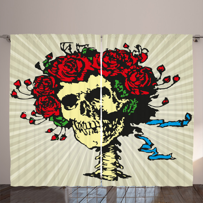 Skull in Red Flowers Crown Curtain