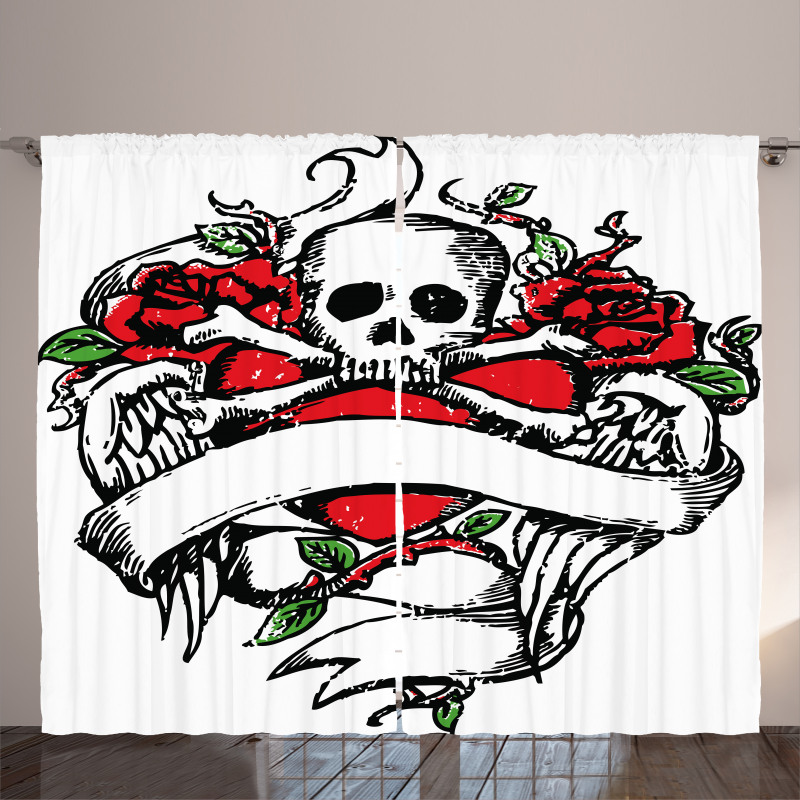 Sketch Skull Big Red Heart Curtain