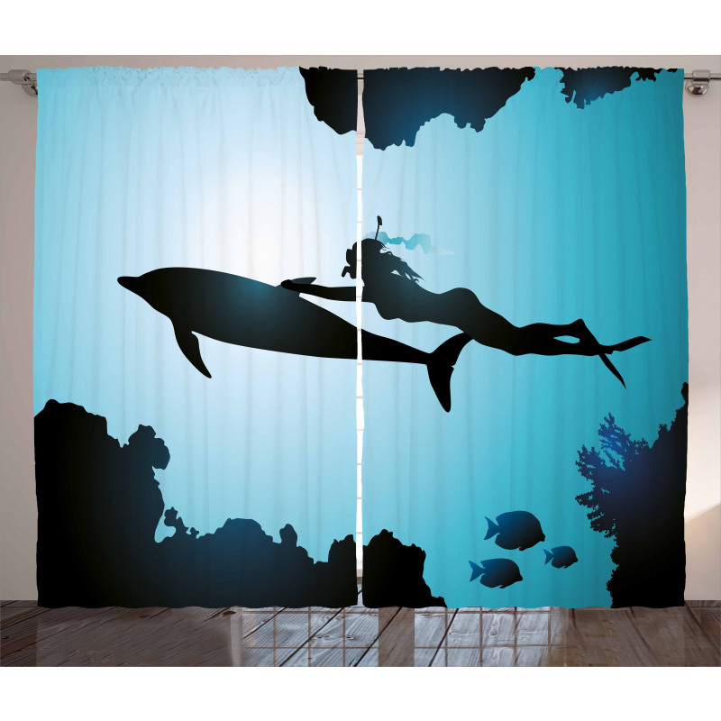 Diver Girl with Dolphin Curtain