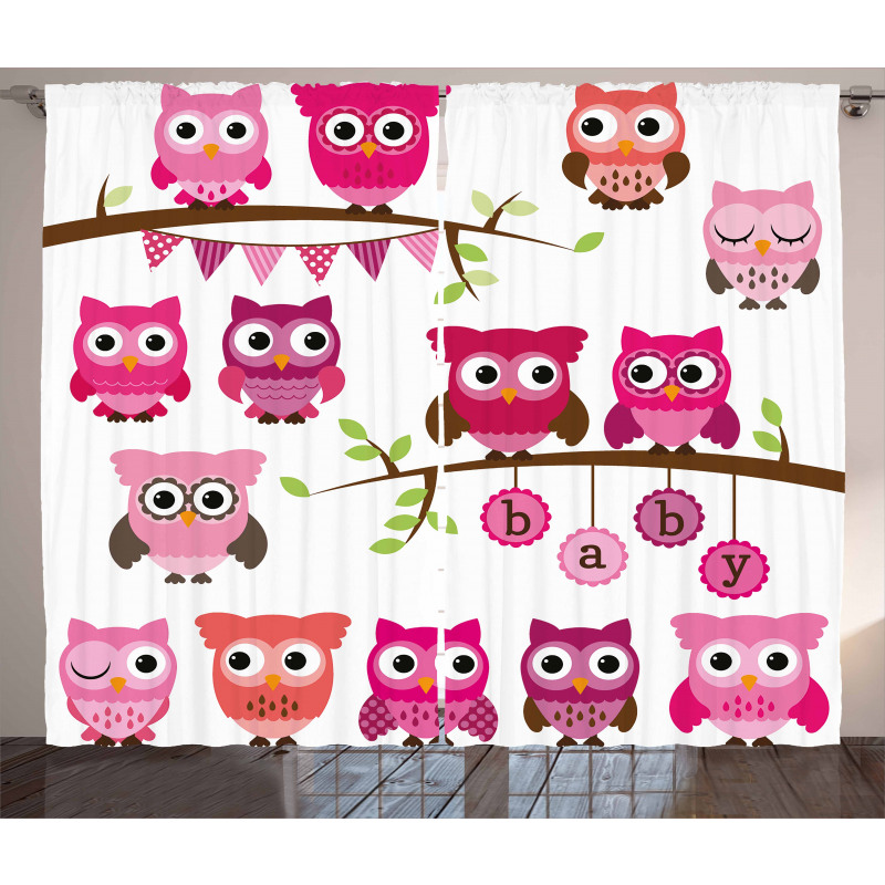 Owls Branches Cartoon Curtain