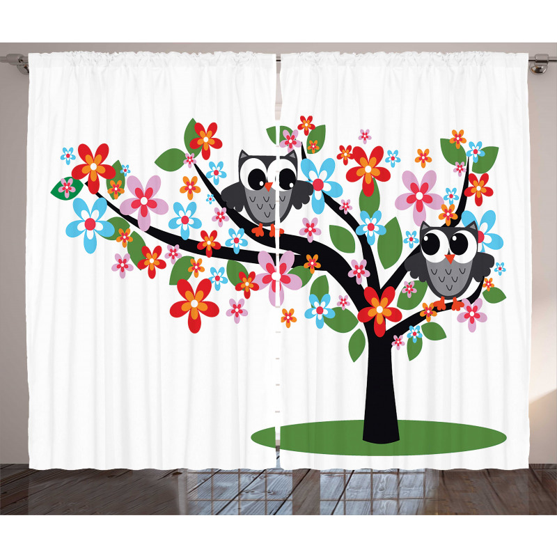 2 Flirty Owls on Tree Curtain