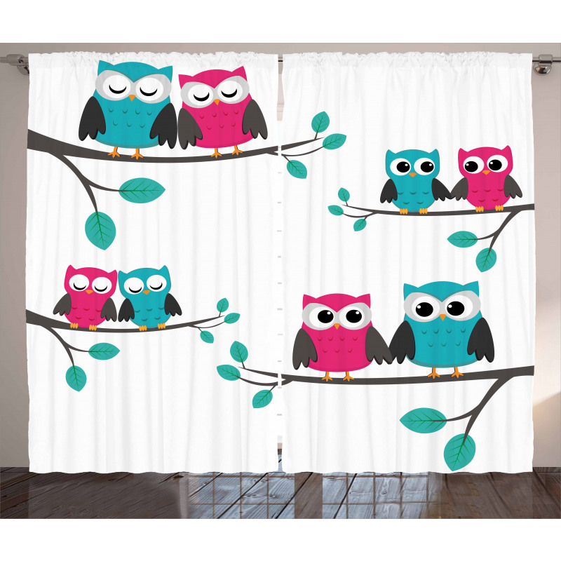 Couples of Owls on Tree Curtain
