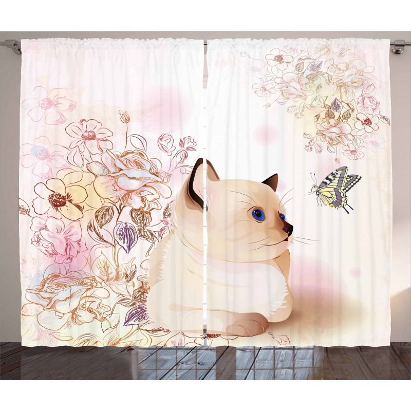 Pastel Kitty and Butterflies Curtain