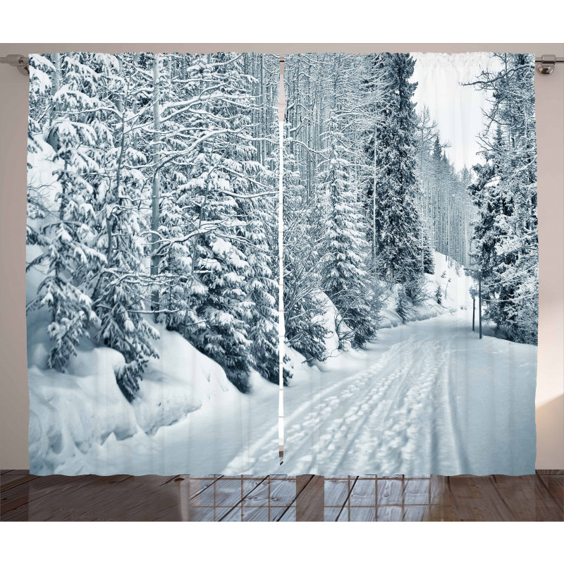 Ski Theme Snowy Road Curtain