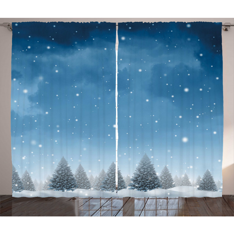 Xmas Blue Forest Trees Curtain