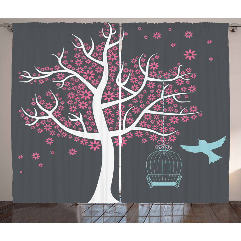 Tree Bitd Cage Leaves Curtain