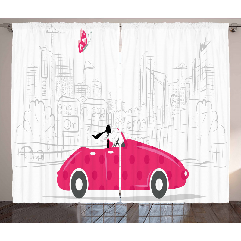 Woman Driving Vintage Car Curtain