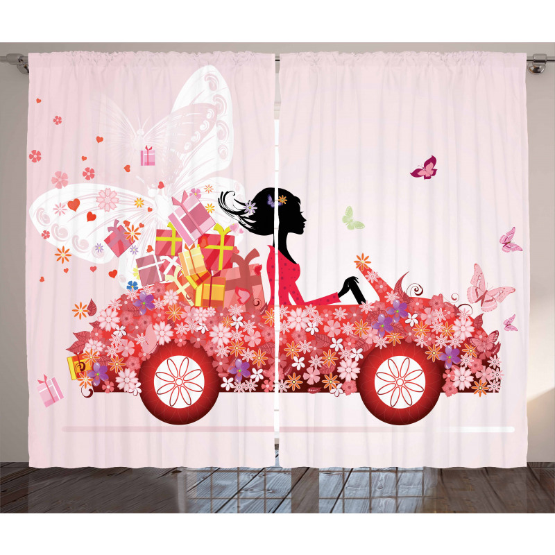 Girl on a Car Floral Box Curtain