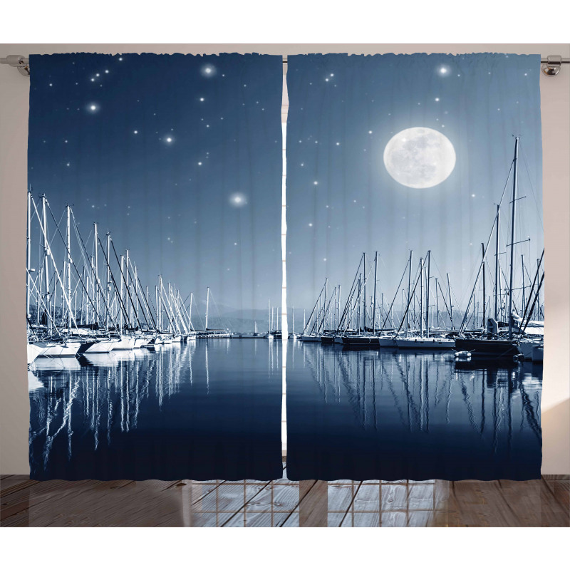 Calm Marina at Night Moon Curtain