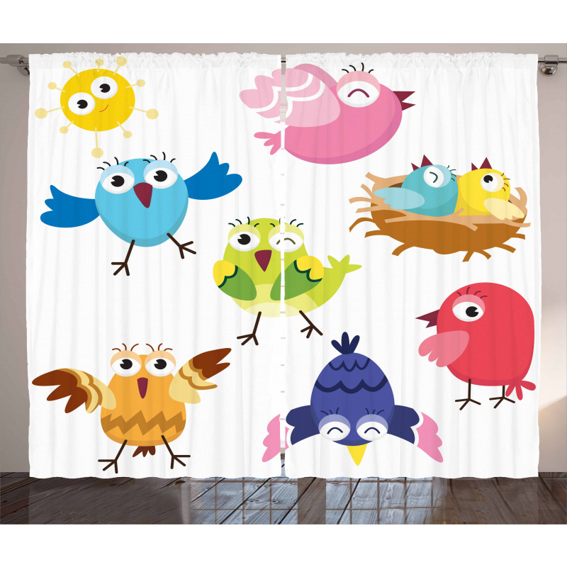 Funny Birds Sun Cartoon Curtain