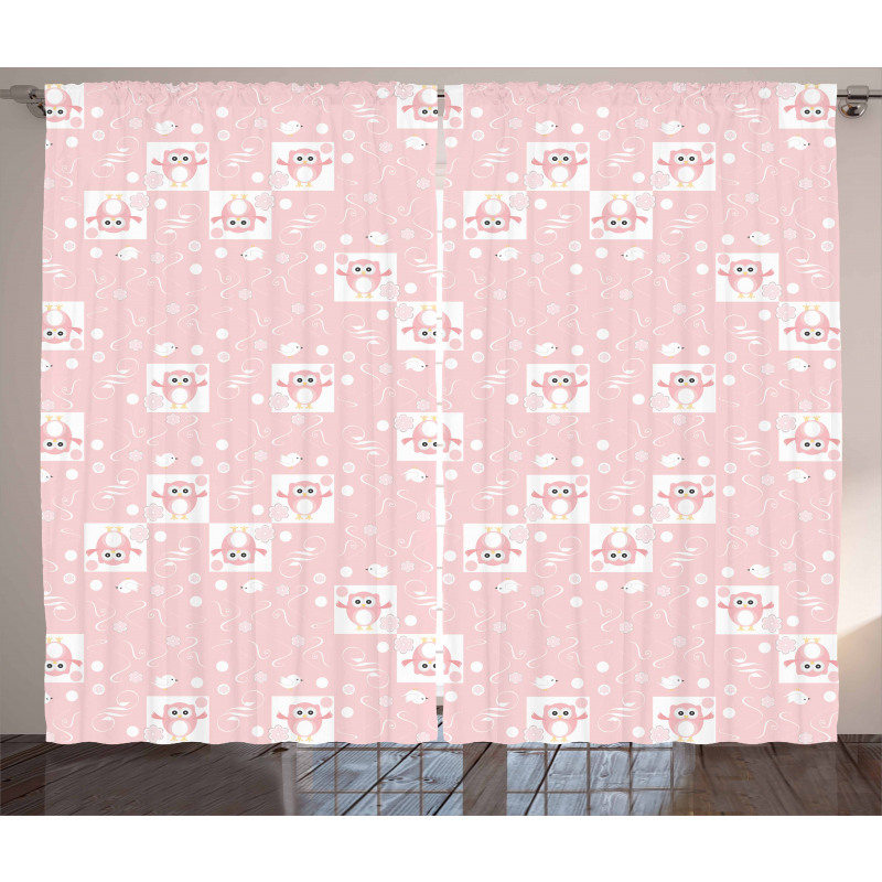 Pink Owls Birds Floral Curtain