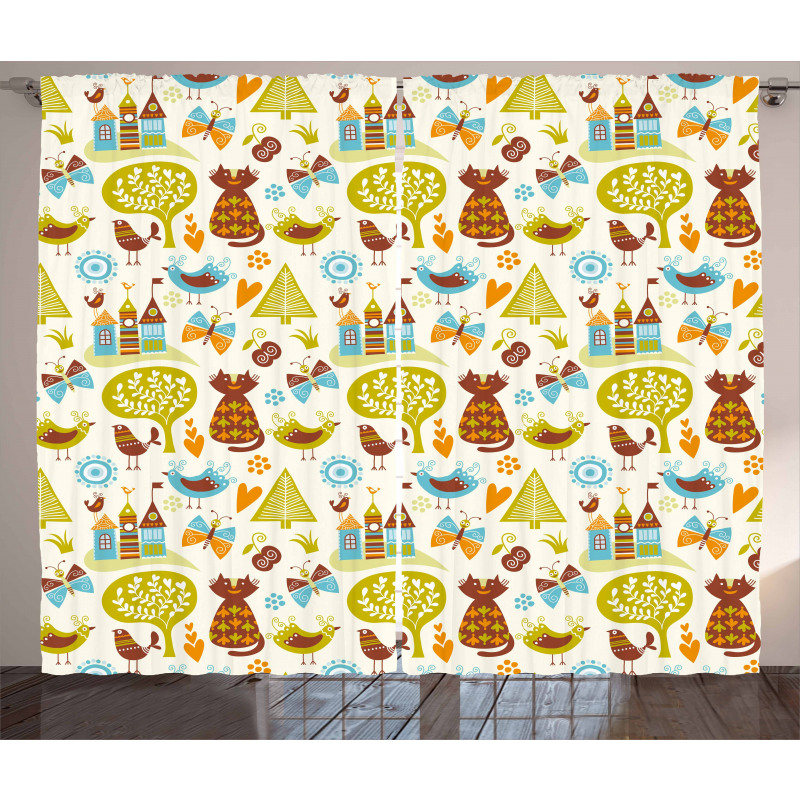 Cats Birds Butterfly Curtain