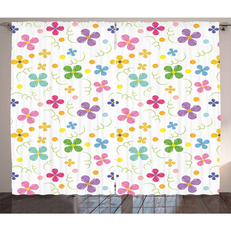 Spring Daisies Dots Sketch Curtain