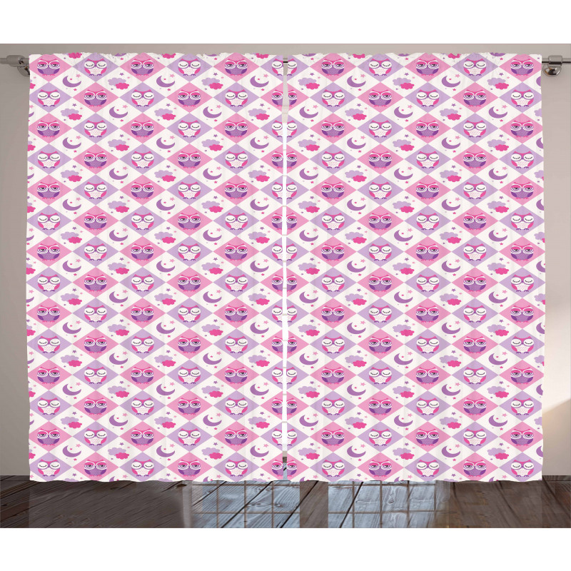 Checkered Pattern Owls Curtain