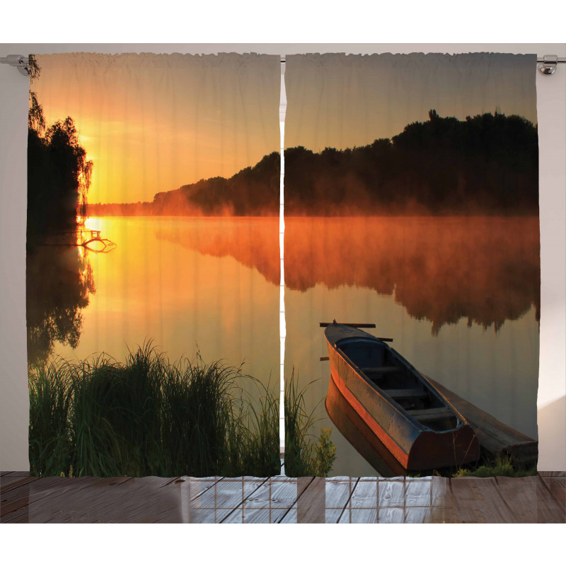 Boat on Misty Shoreline Curtain