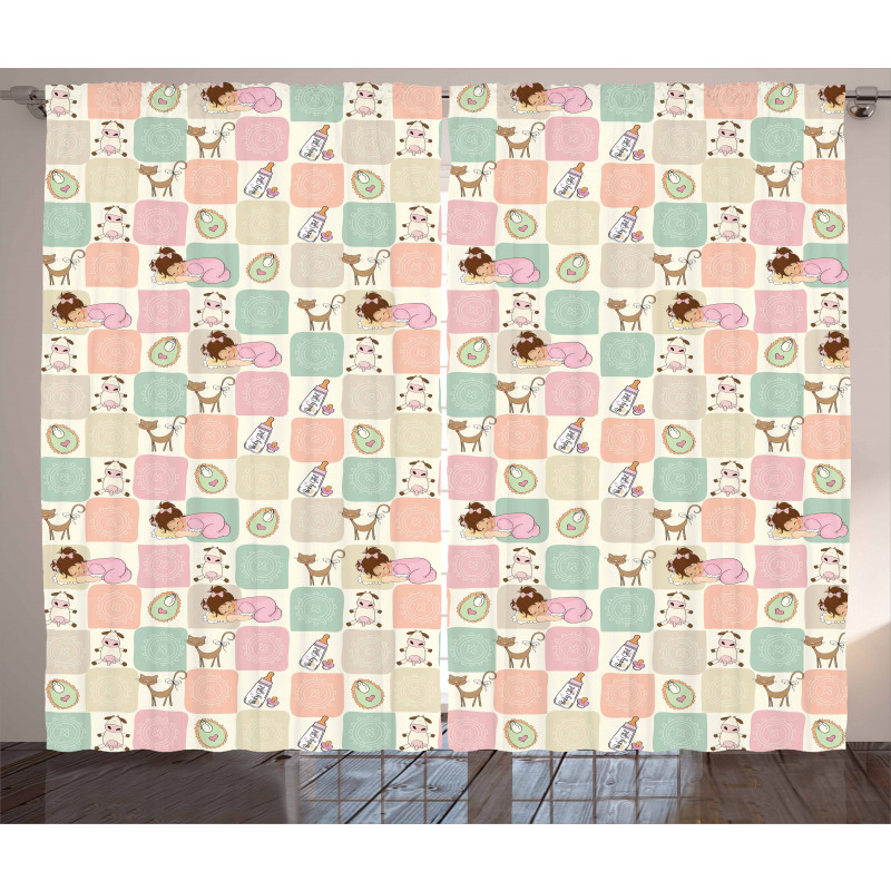 Checkered Square Cats Curtain