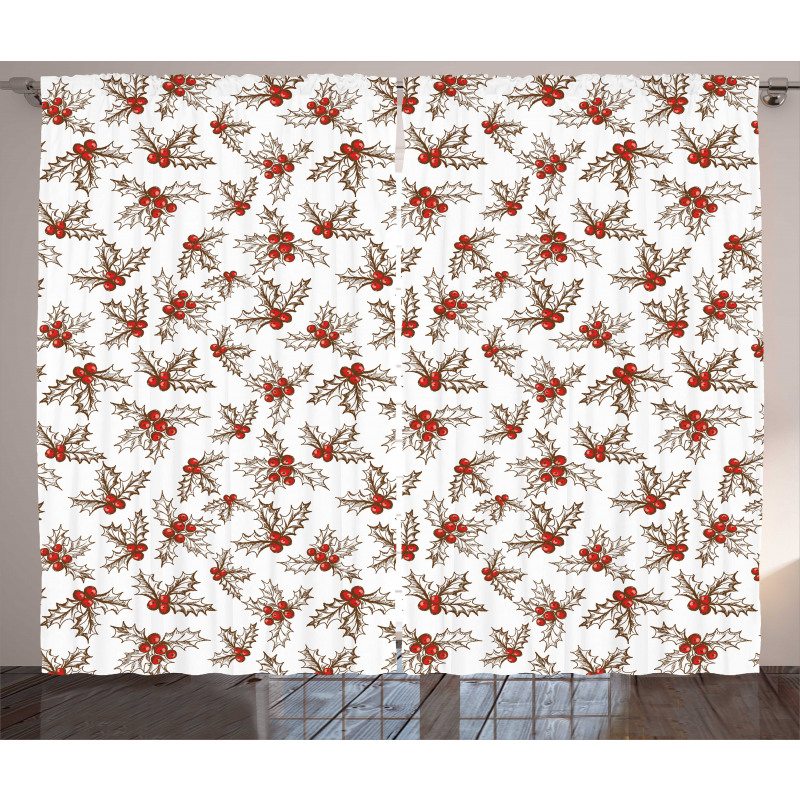 Holly Berries Leaves Curtain