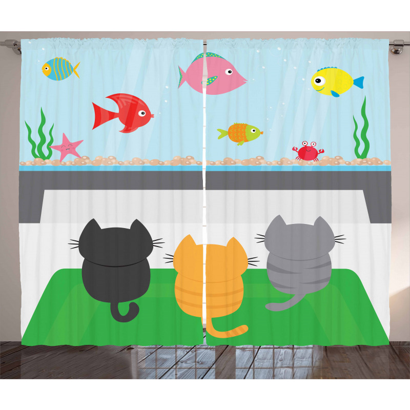 Cats Looking at Fishtank Curtain