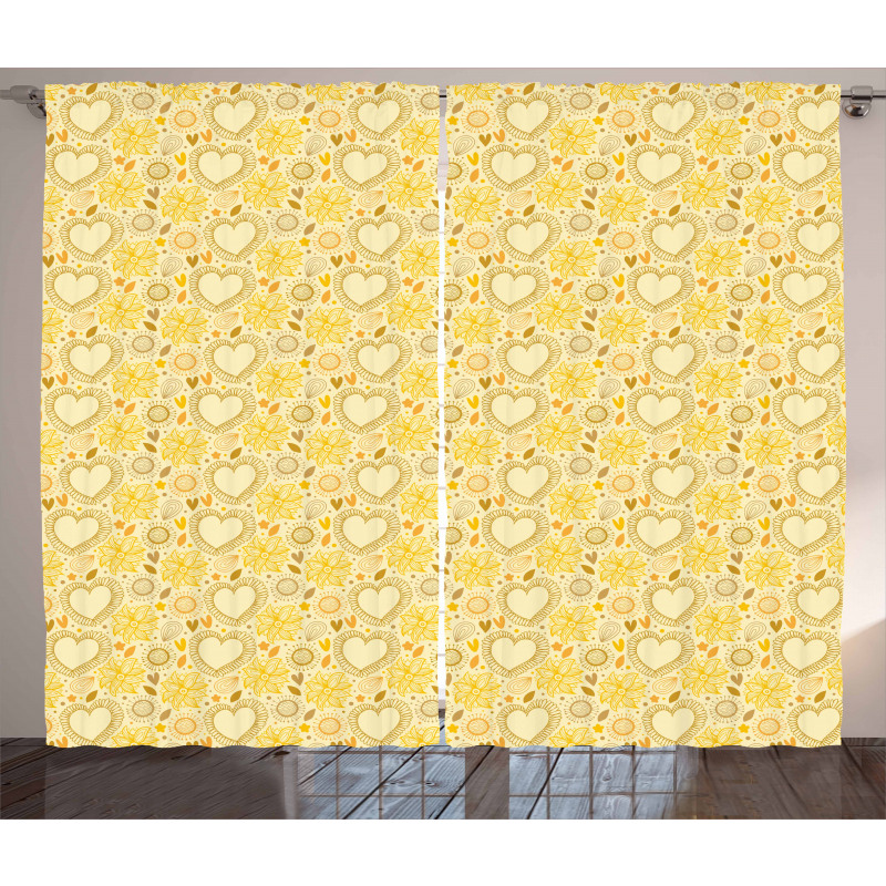 Doodle Hearts Flowers Curtain