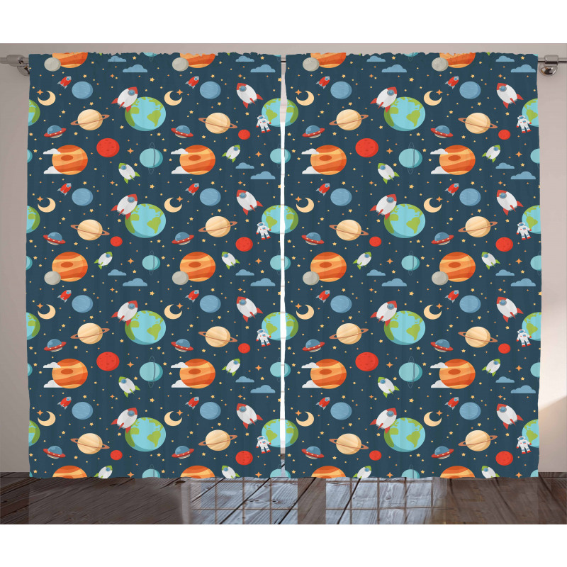 Cartoon Planets in Space Curtain
