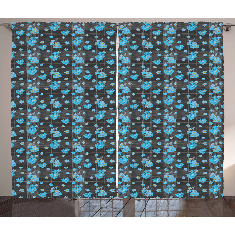 Blue Blossoms on Grid Curtain