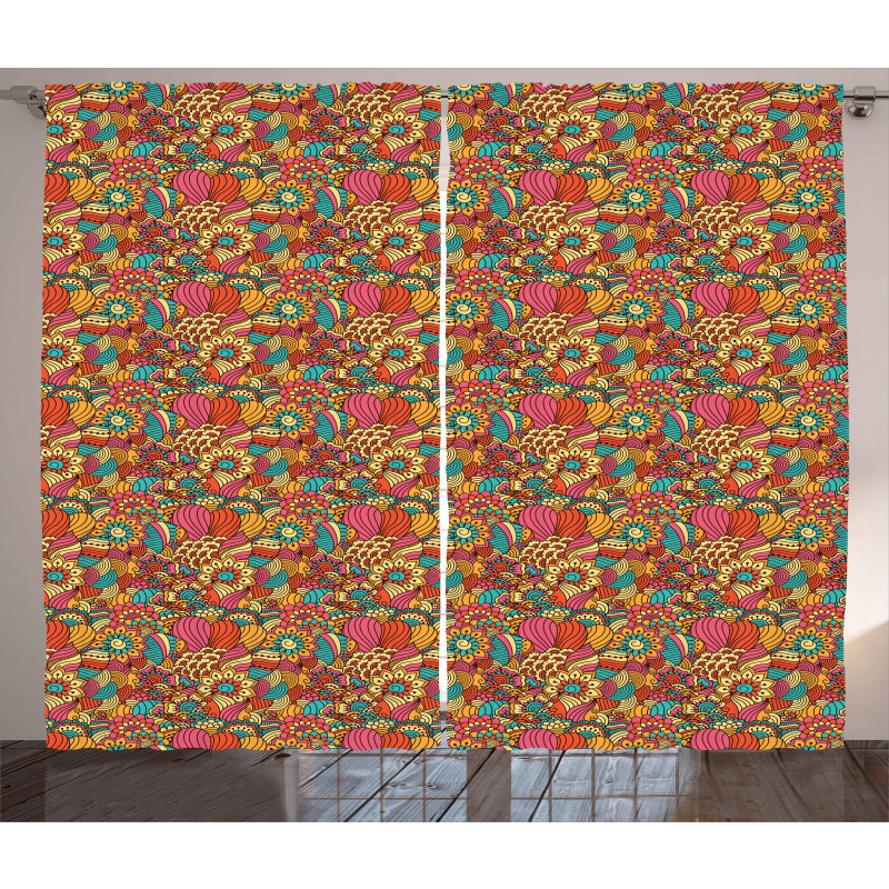 Colorful Floral Doodle Curtain