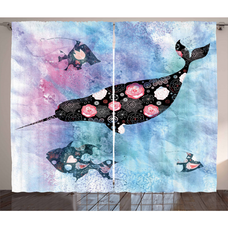 Floral Whale and Fish Curtain