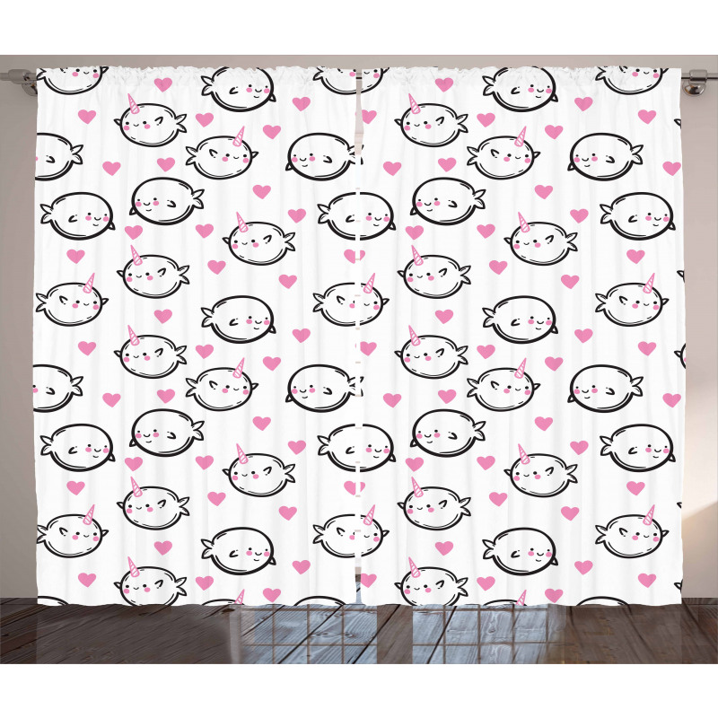 Doodle Style Whales Curtain