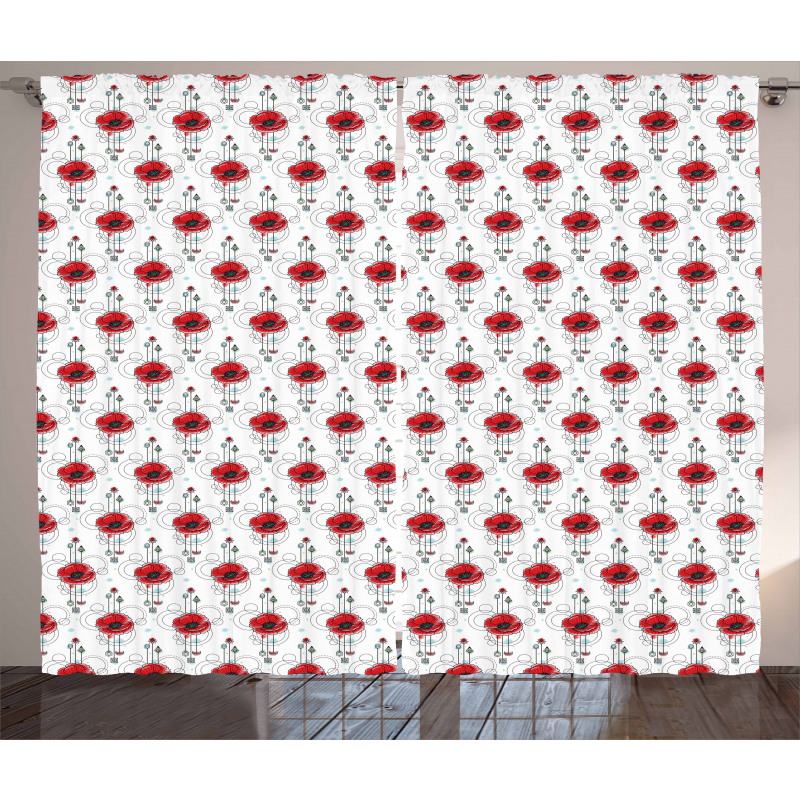 Red Poppy Geometrical Curtain