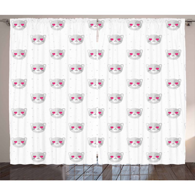Kitty Faces Pink Hearts Curtain