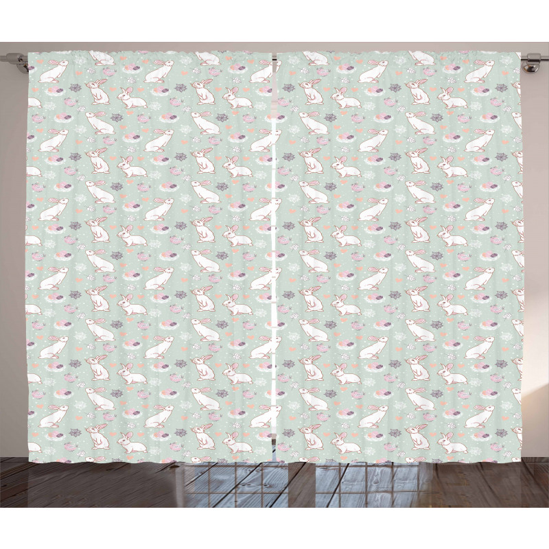 Rabbits Flowers Hearts Curtain