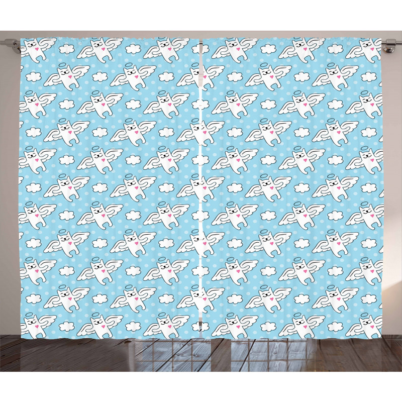 Cat Angels Hearts Kitty Curtain