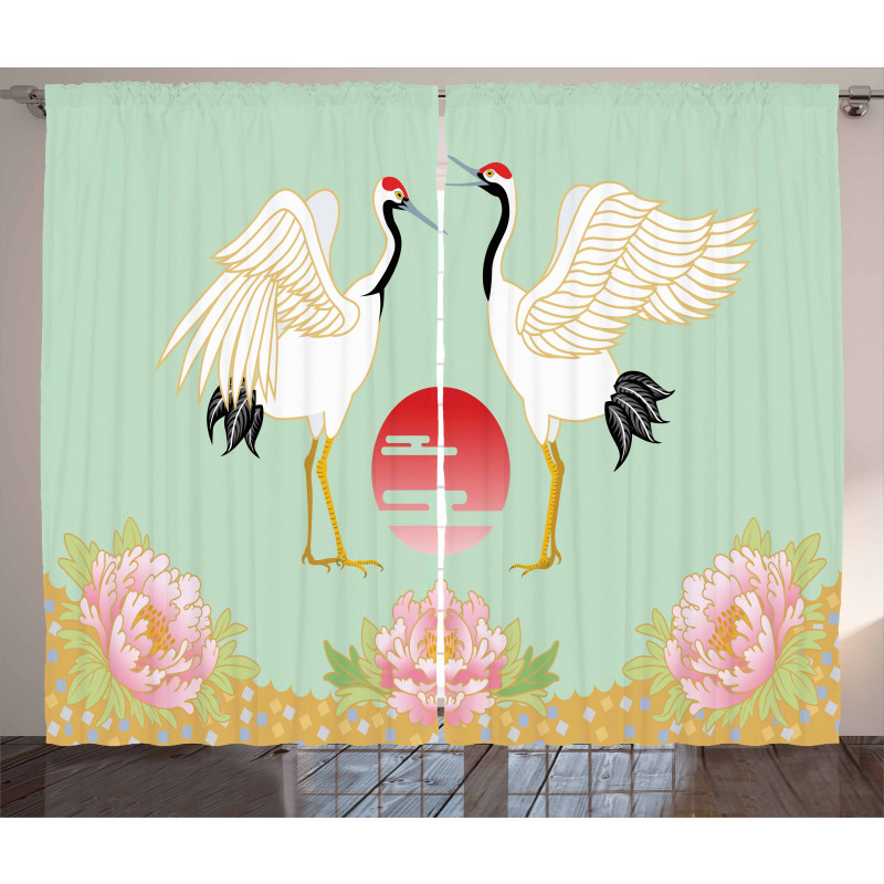 Japanese Cranes Sunrise Curtain