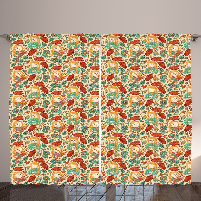 Girls Cats and Birds Curtain
