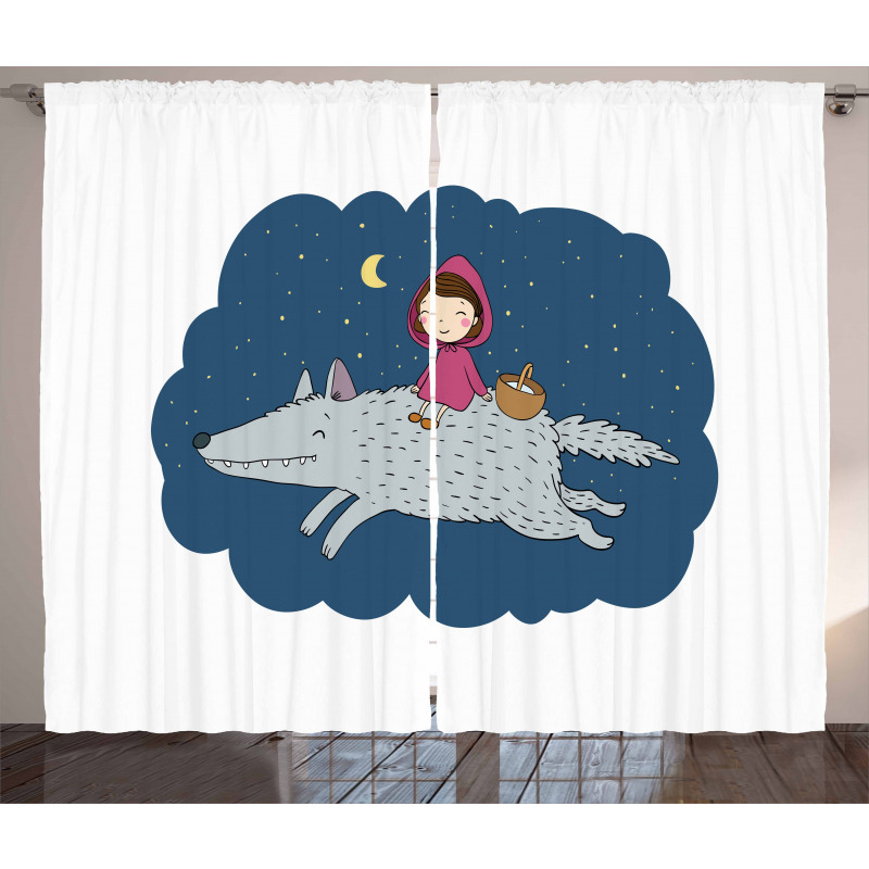 Cartoon Girl on Giant Wolf Curtain