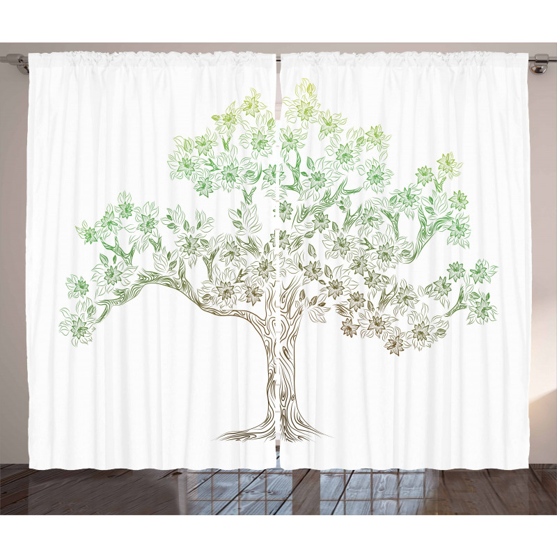 Ağaç Perde Beyaz Zeminde Geçişli Renkli Bitki Çizimi