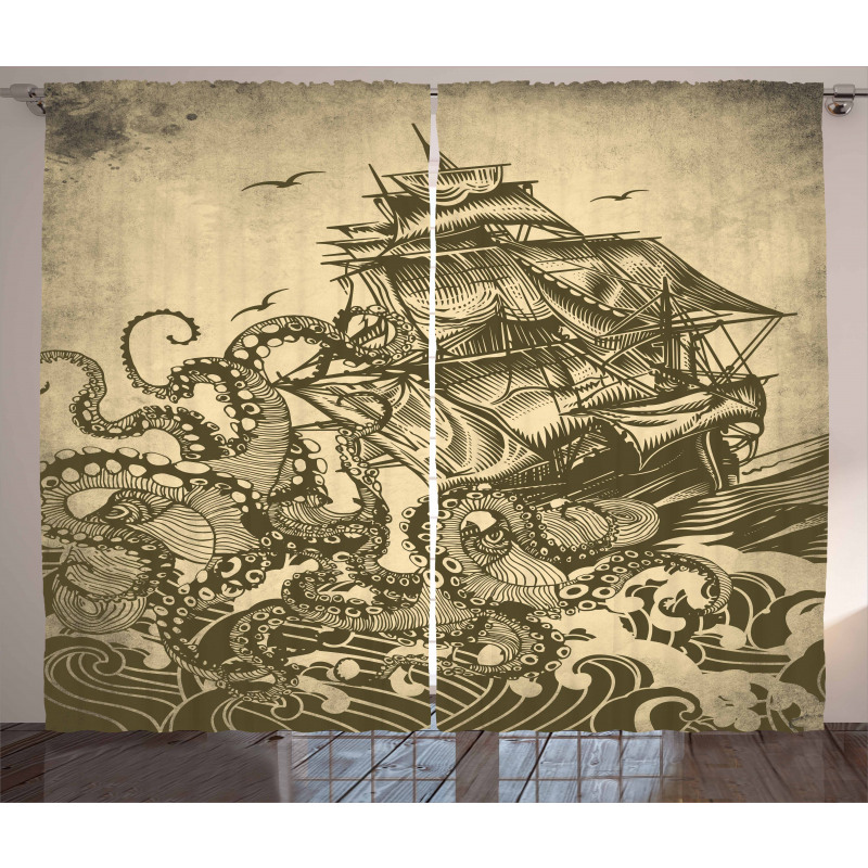 Retro Ship Octopus Theme Curtain