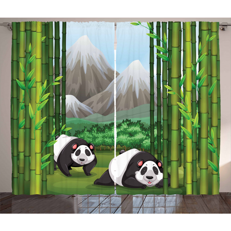 Panda Bear Trees Cartoon Curtain