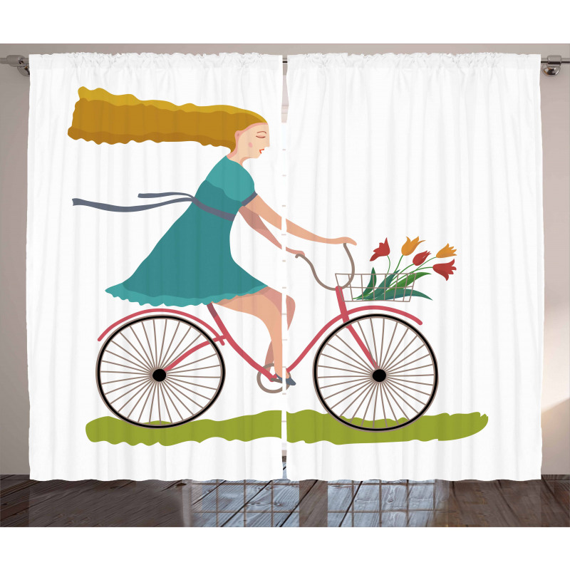 Woman on Bike Tulips Curtain